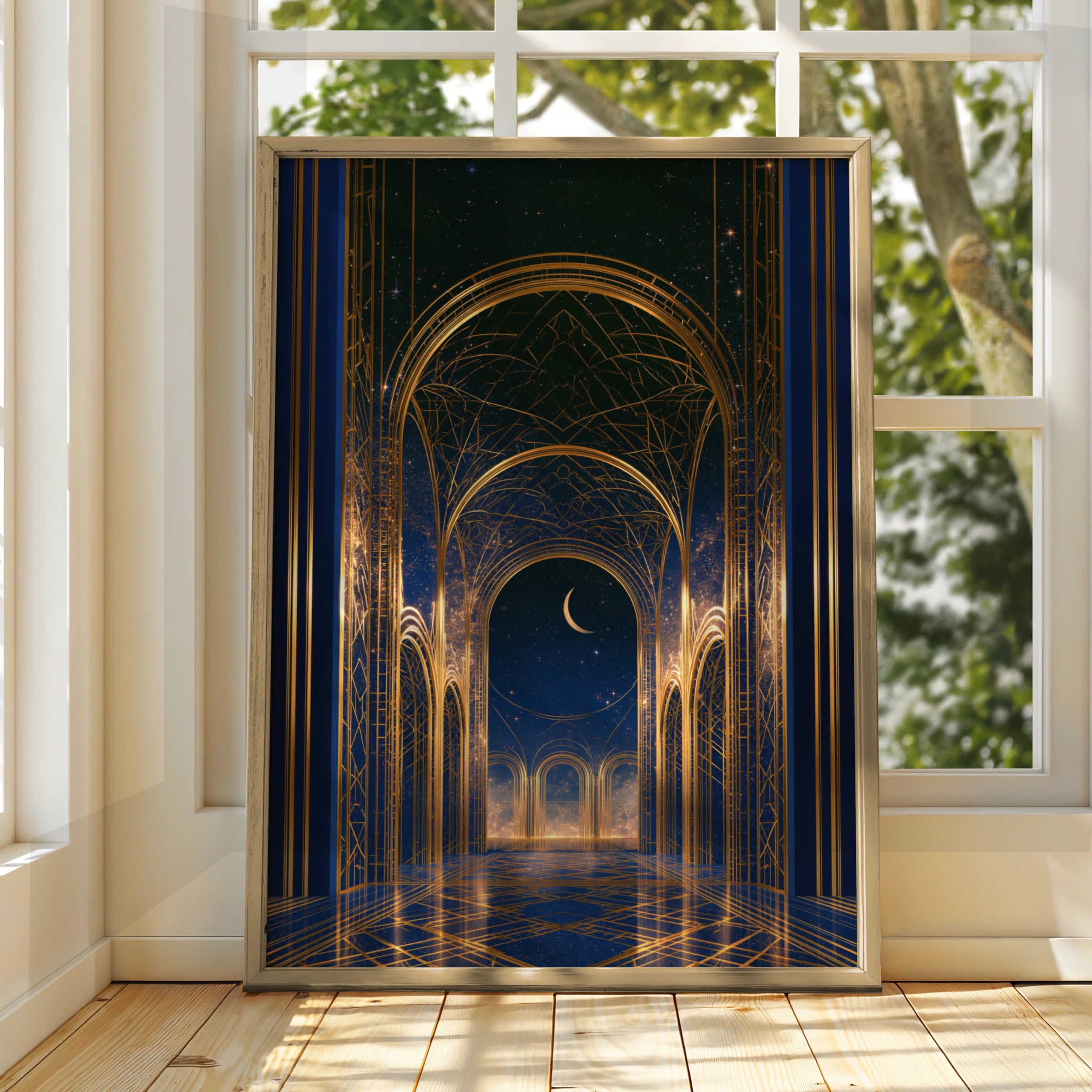 Temple Archway Night Sky Poster, Blue Gold Celestial Architecture Print, Art Deco