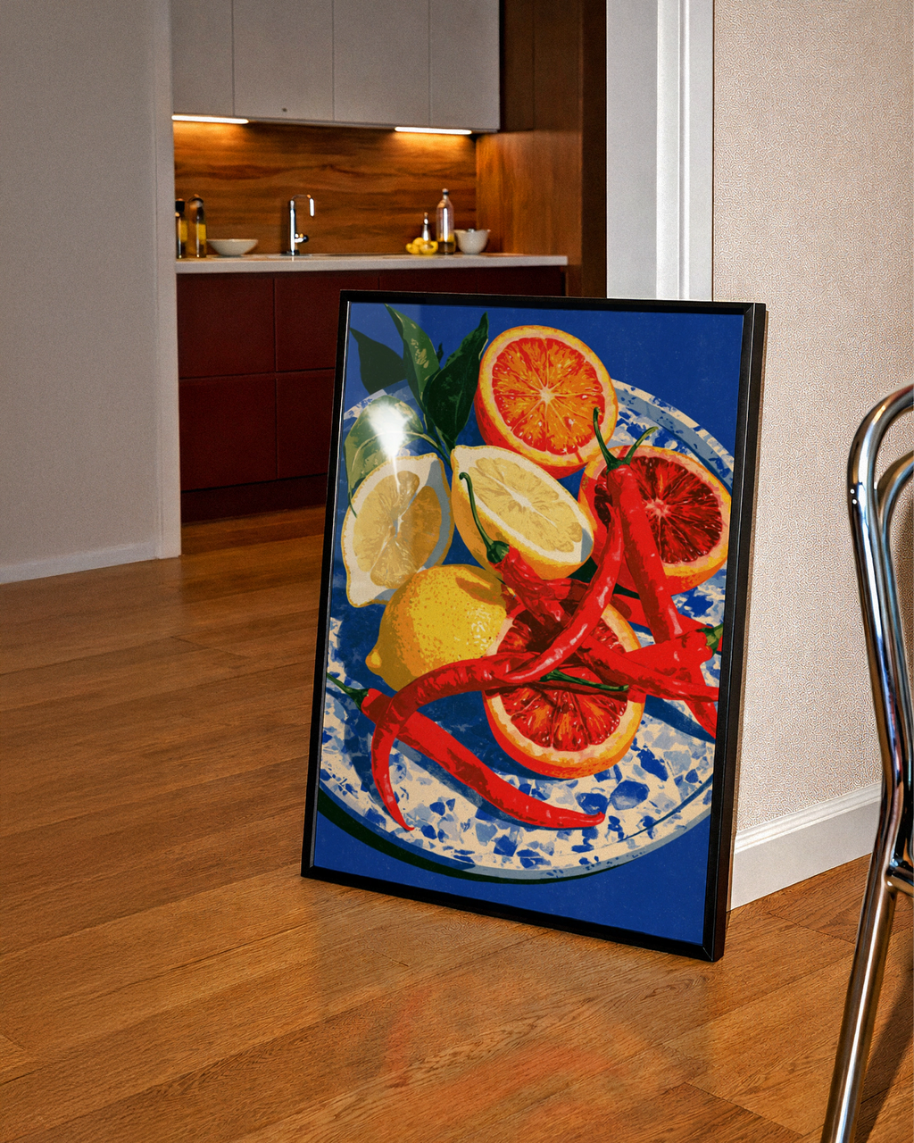 Chillies Lemon Blood Orange Still Life Poster, Bold Cobalt Blue Kitchen Art