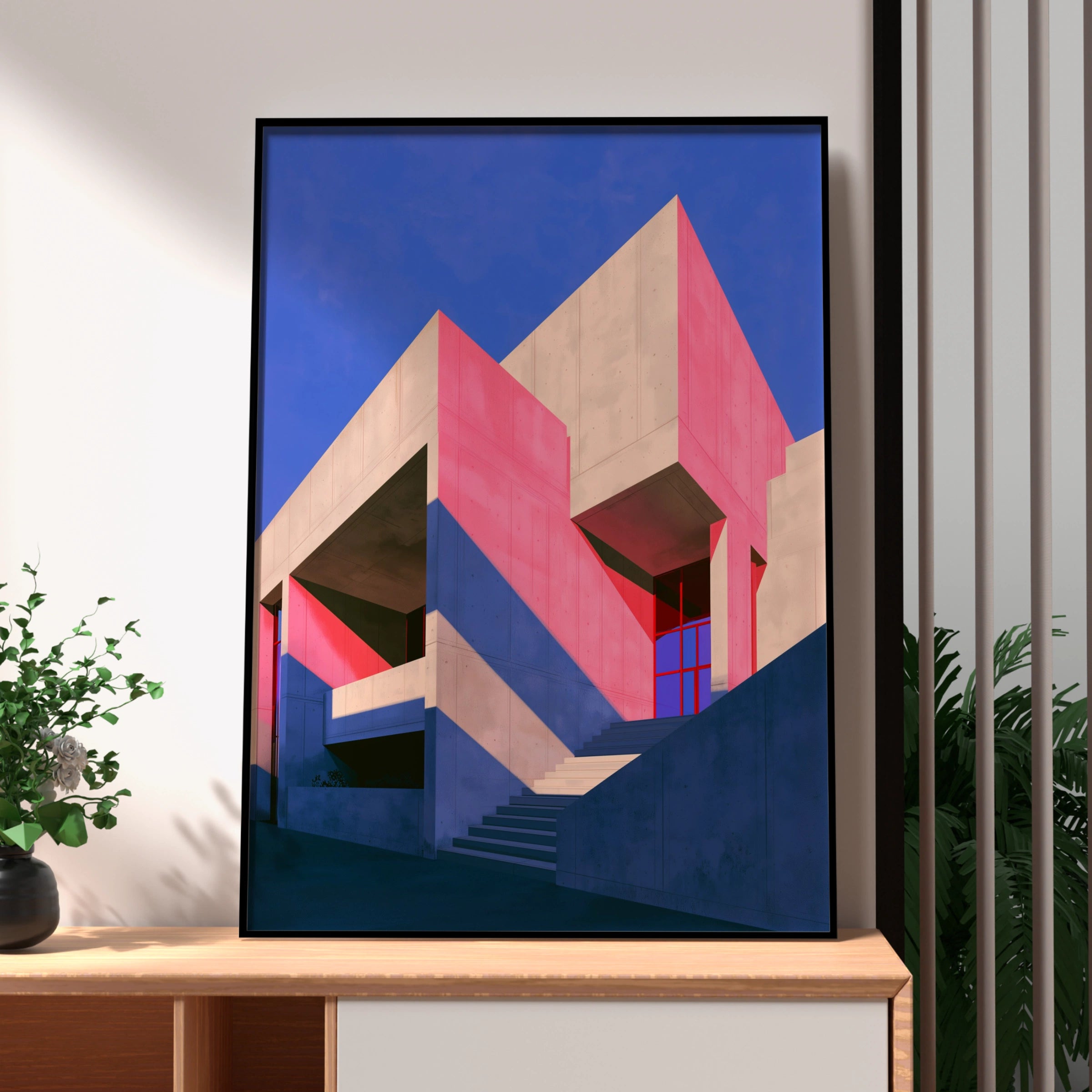Brutalist Architecture Poster, Pink Purple Concrete Building, Bold Geometric Wall Art
