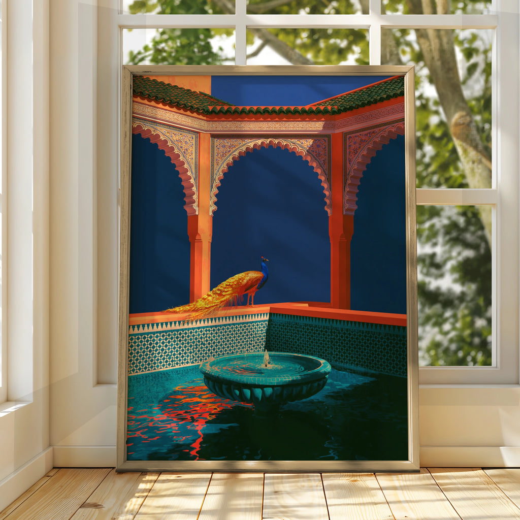 Peacock Moorish Arches Fountain Poster, Moroccan Architecture Wall Art Print