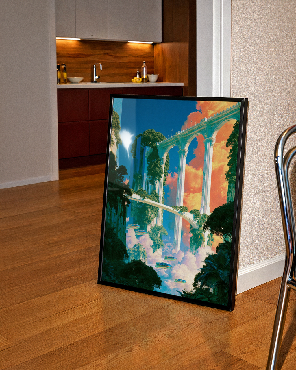 Sky City Aqueduct Poster, Futuristic Fantasy Architecture, Sci-Fi Art Print
