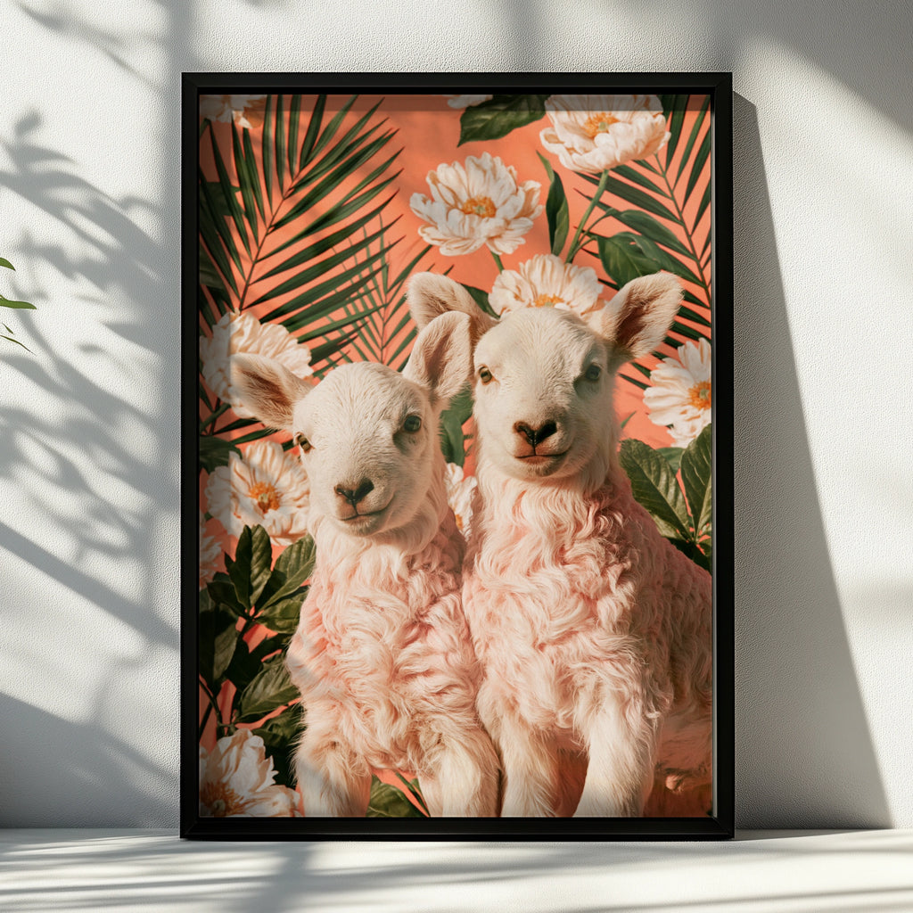 Lambs Floral Palm Poster, Cute Sheep Wall Art, Botanical Coral Print