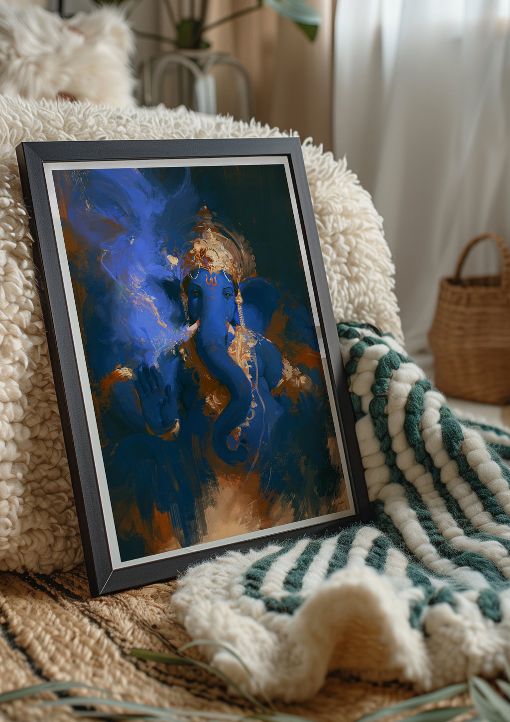 Ganesha Blue Shadow Painting Poster, Hindu God Wall Art, Spiritual Print