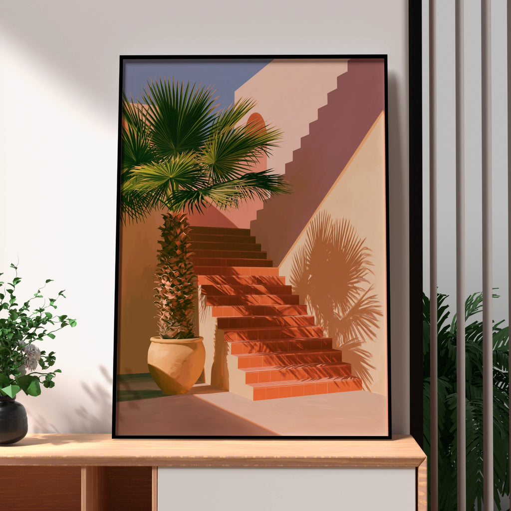 Palm Tree Staircase Poster, Mediterranean Architecture Print, Terracotta Sun Shadow Art