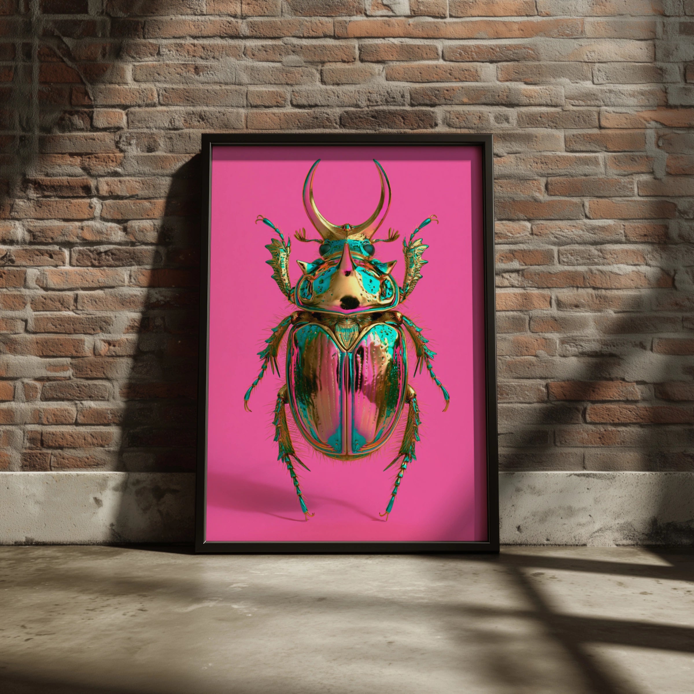 Metallic Beetle Poster, Pink Iridescent Insect Wall Art, Bold Colour Print