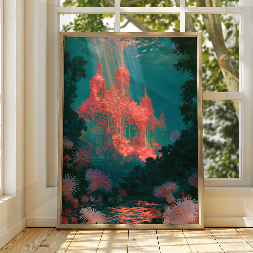 Underwater Coral City Cathedral Poster, Fantasy Ocean Wall Art, Teal Coral Print