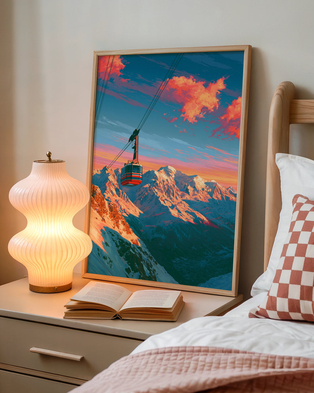 Cable Car Mountain Sunset Poster, Pink Clouds Alpine Art Print, Ski Resort Wall Art