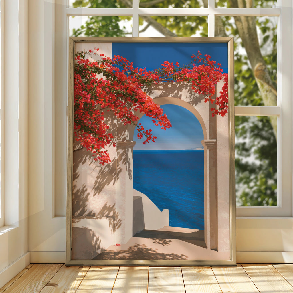 Mediterranean Arch Bougainvillea Poster, Coral Flowers Sea View Print