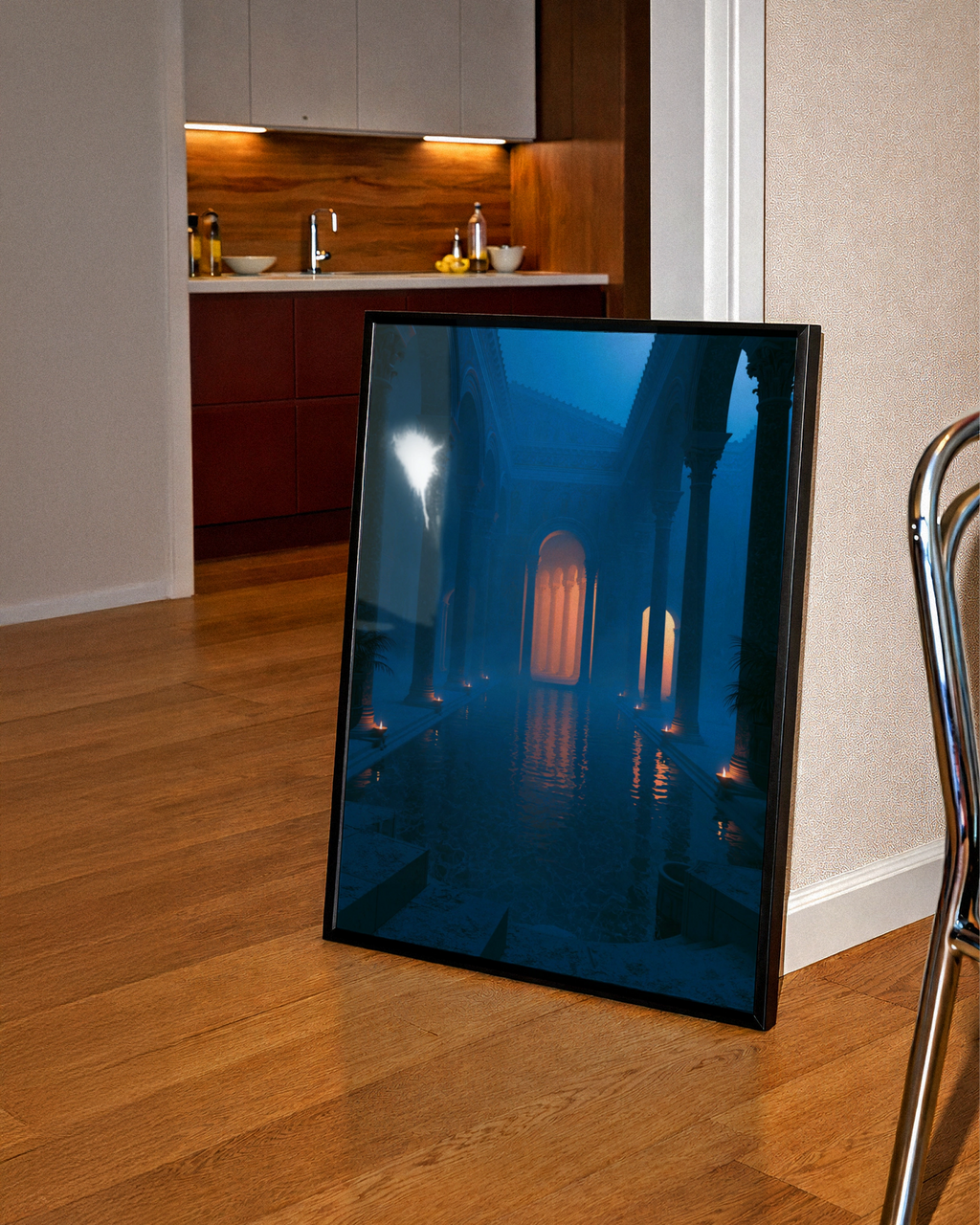 Roman Frigidarium Bath, Candlelit Architecture Poster, Dark Blue Atmospheric Art