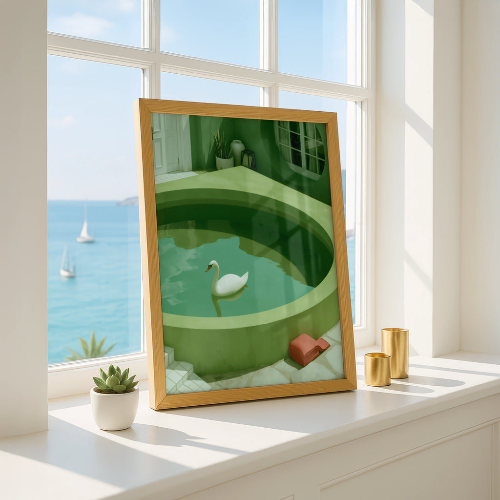 Swan in Green Pool Poster, Surreal Minimalist Wall Art Print