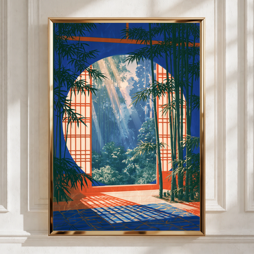 Japanese Bamboo Garden Arch Poster, Shoji Screen Wall Art, Zen Print