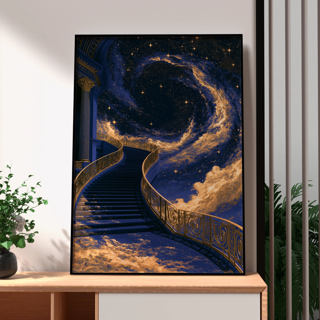 Stairway to Heaven Poster, Celestial Galaxy Art, Navy Blue Gold Print