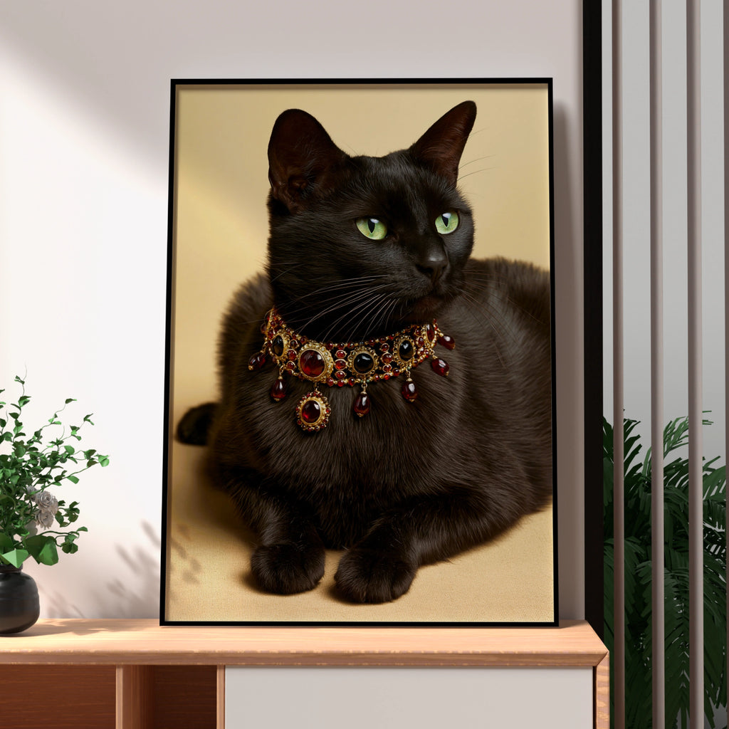 Black Cat Ruby Necklace Poster, Regal Feline Portrait, Jewelled Art Print