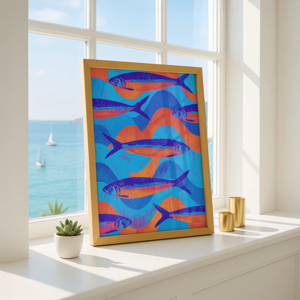 Sardine School Fish Poster, Blue Orange Wall Art, Bold Linocut Style Print