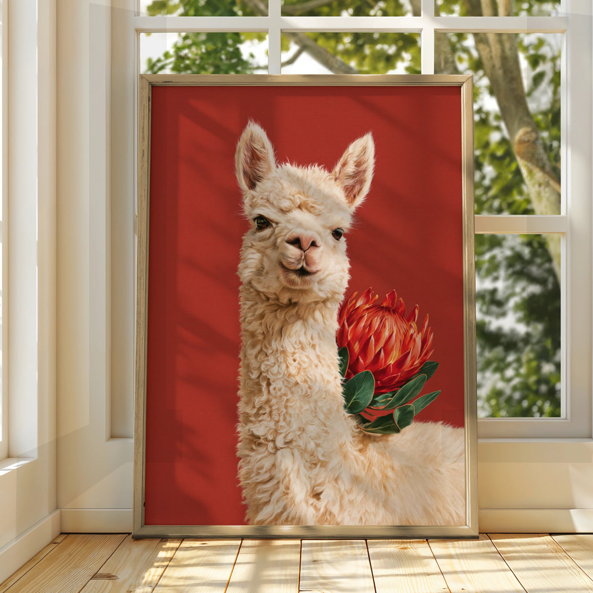 Alpaca with Red Protea Flower Poster, Bold Animal Wall Art Print