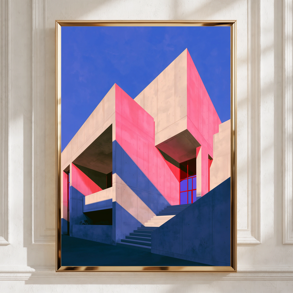 Brutalist Architecture Poster, Pink Purple Concrete Building, Bold Geometric Wall Art