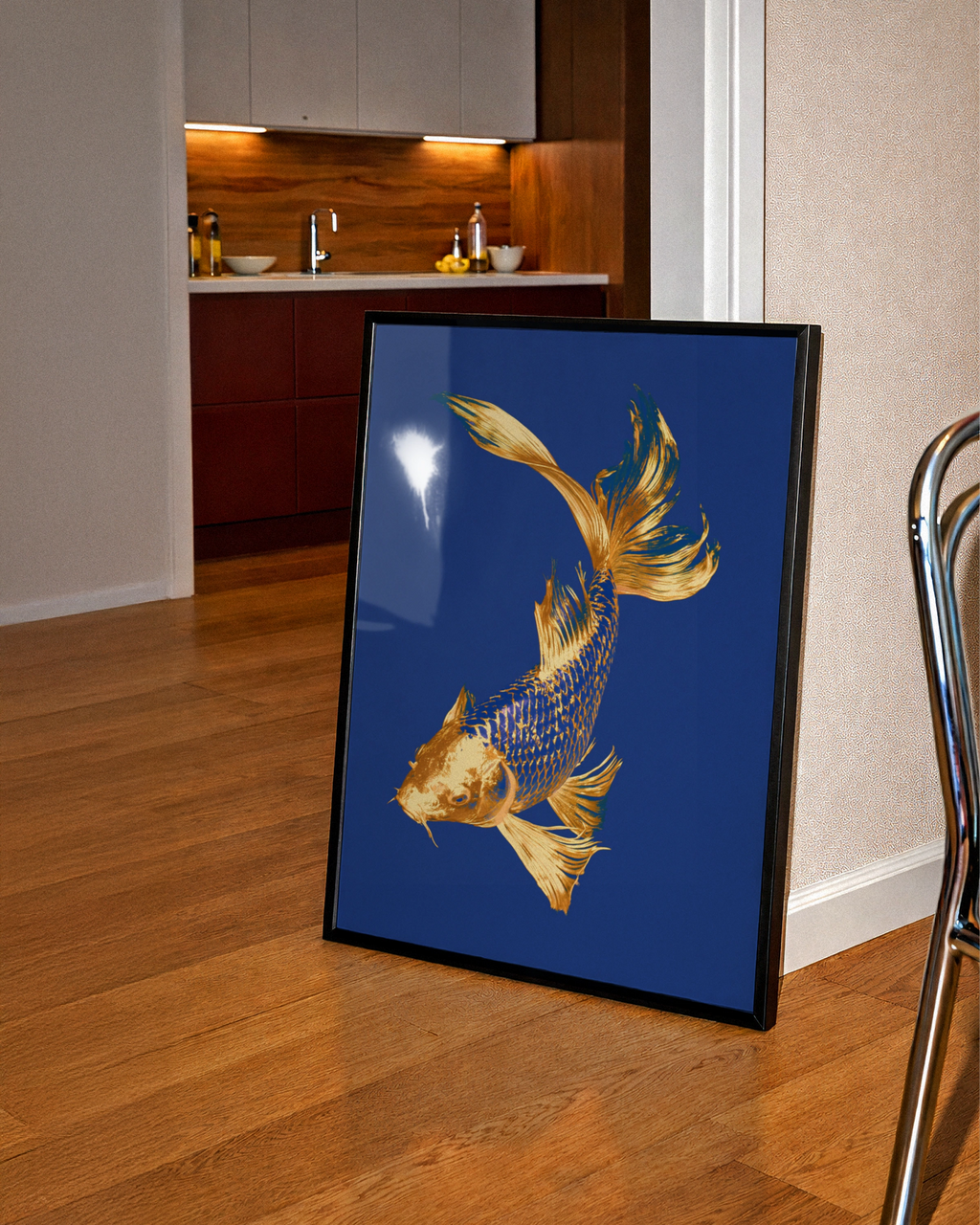 Gold Koi Fish Poster, Navy Blue Wall Art, Japanese Carp Print, Bold Colour