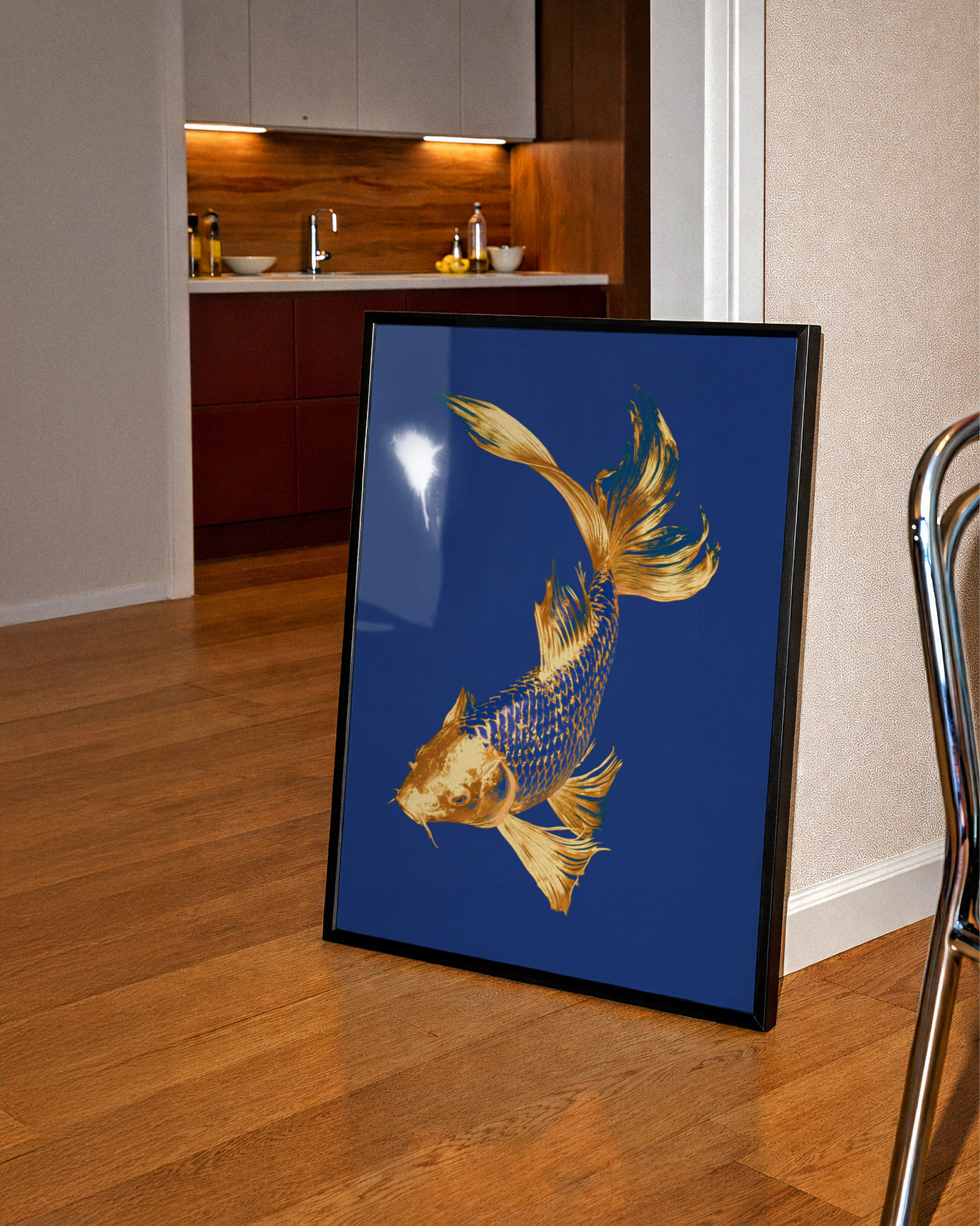 Gold Koi Fish Poster, Navy Blue Wall Art, Japanese Carp Print, Bold Colour