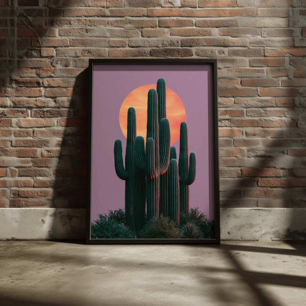 Cactus Moon Pink Sky Wall Art Poster, Desert Saguaro Print, Botanical