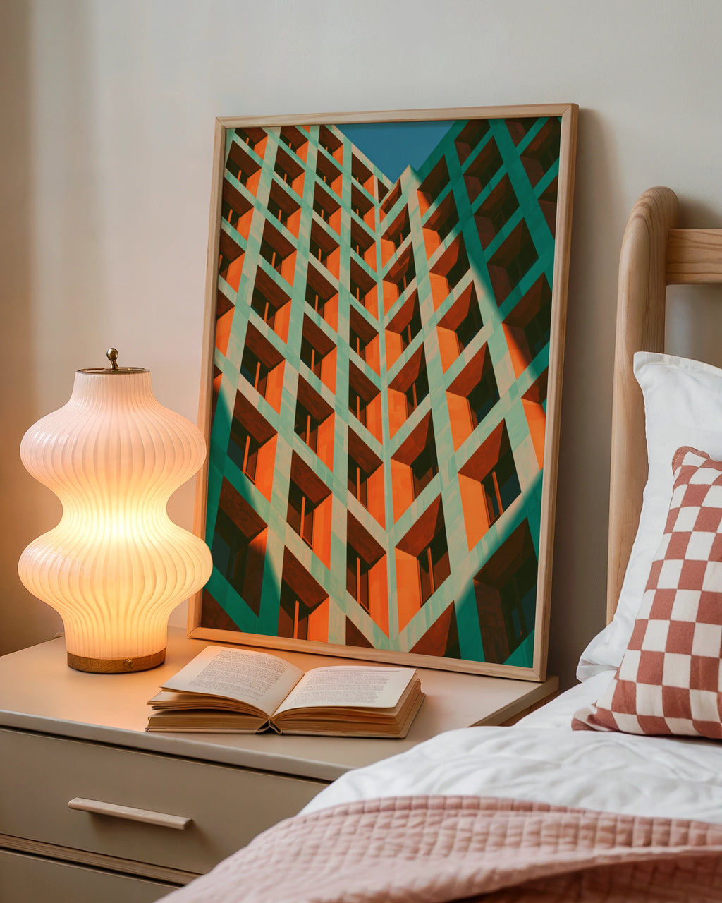 Architecture Building Facade Poster, Green Orange Geometric Brutalist Print