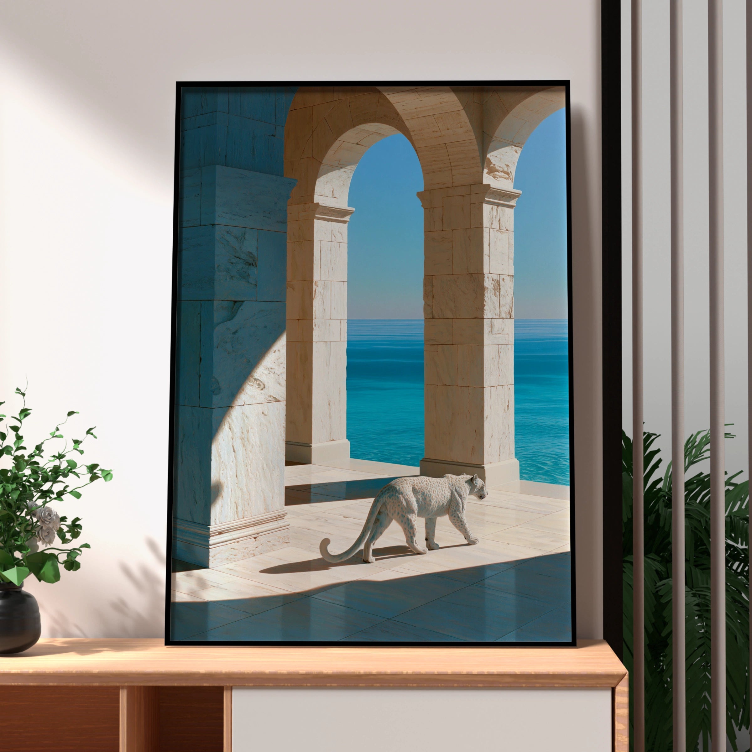 White Leopard Marble Arches Sea View Poster, Surreal Animal Art Print