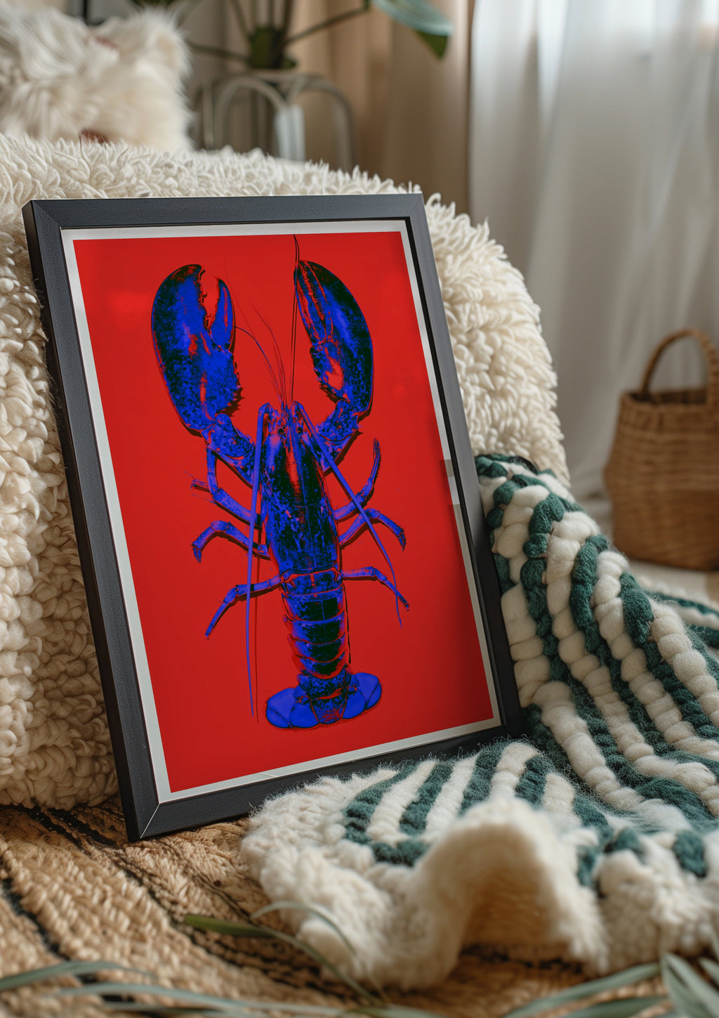 Blue Lobster Pop Art Poster, Bold Red Background, Graphic Animal Print