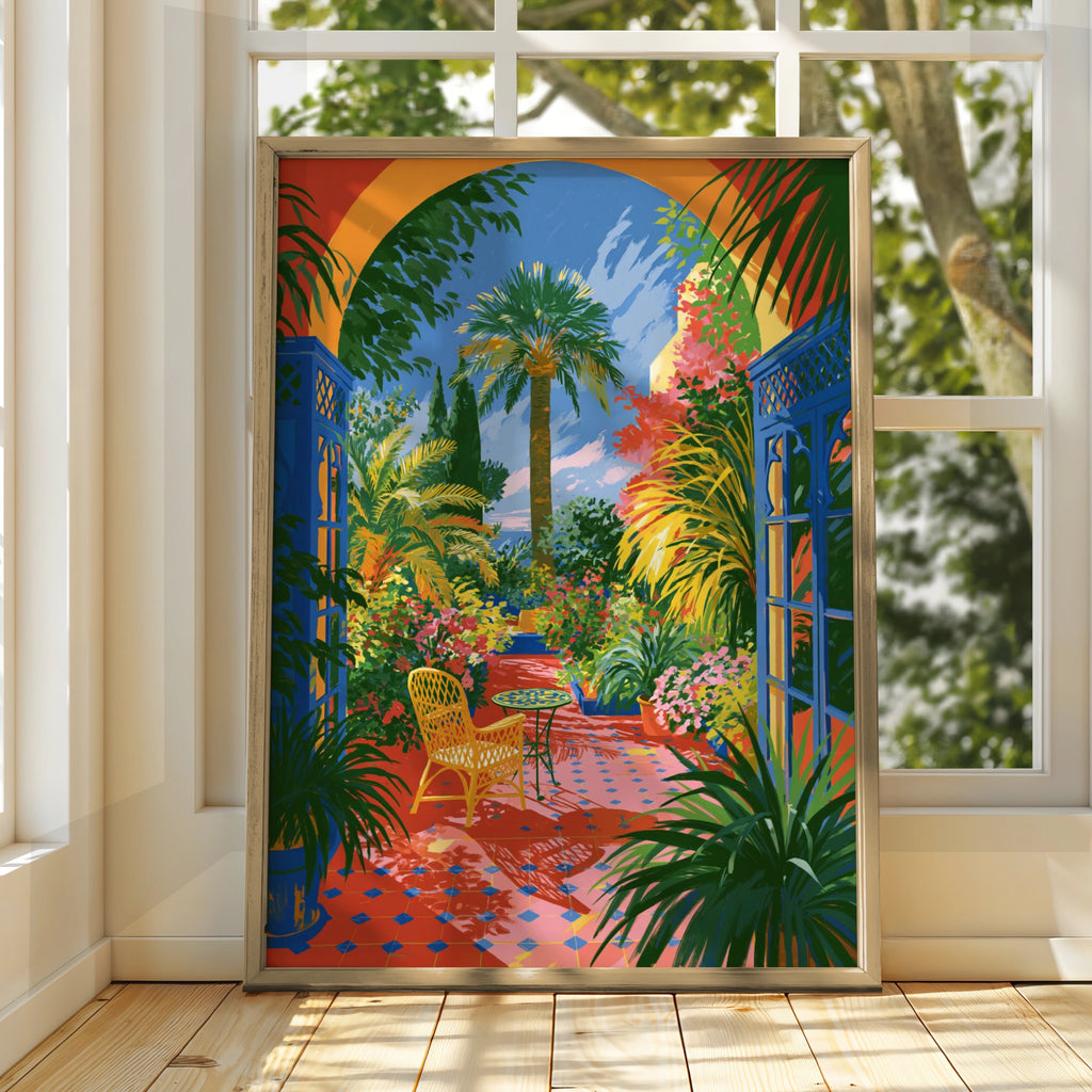 Courtyard Flowers Palms Poster, Moroccan Garden Wall Art, Colourful Botanical Print