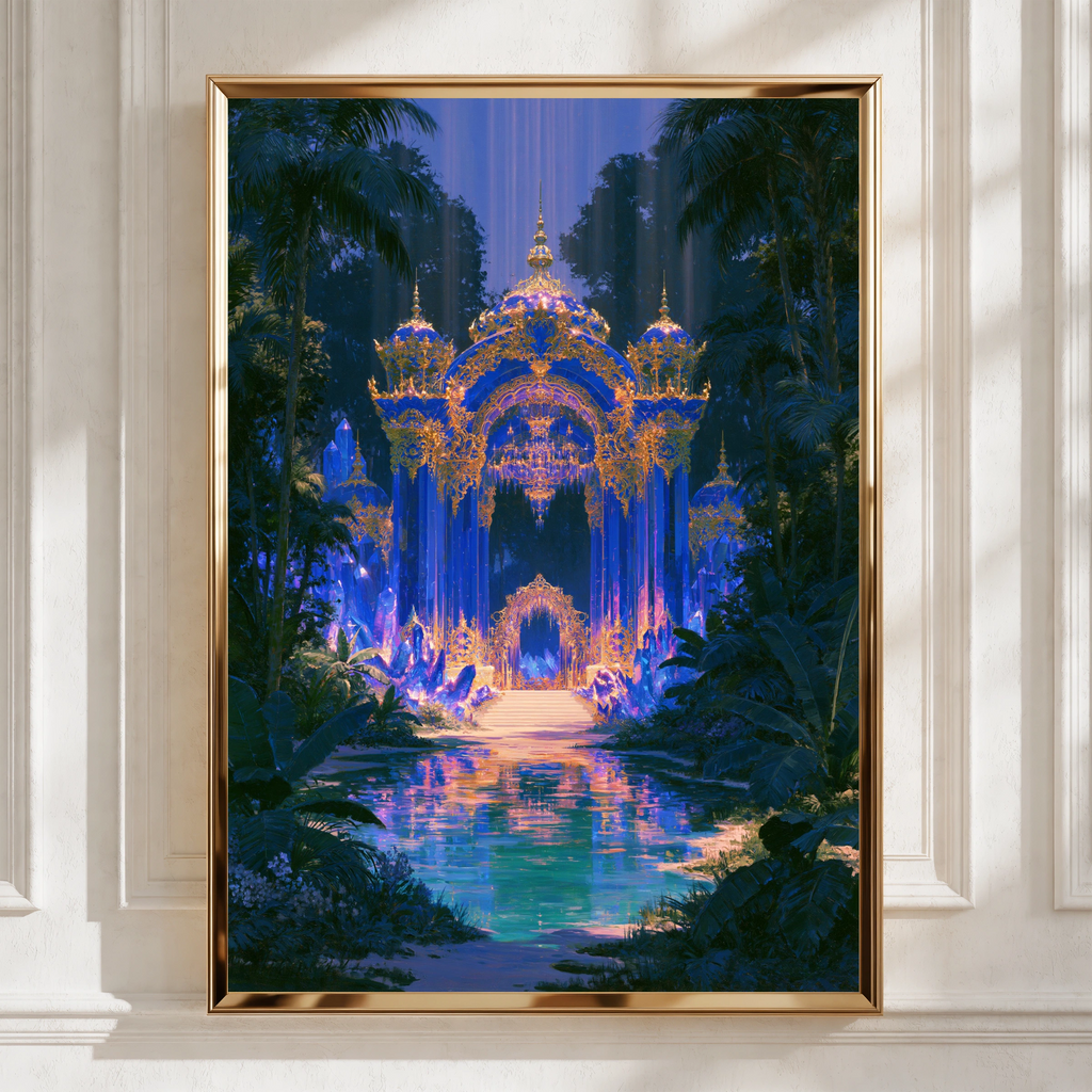 Sapphire Palace Fantasy Art Poster, Crystal Palace, Blue Gold Jungle Print