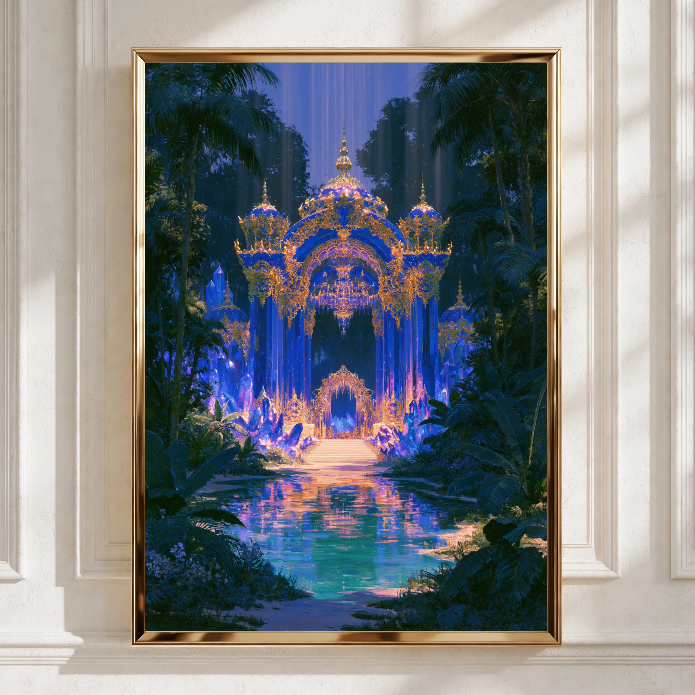 Sapphire Palace Fantasy Art Poster, Crystal Palace, Blue Gold Jungle Print