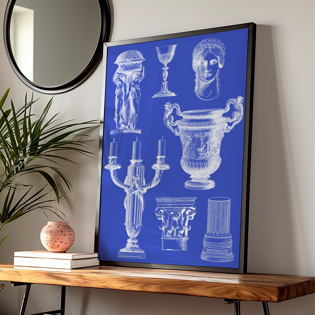 Roman Vase Blueprint Poster, Classical Antiquity Wall Art, Blue