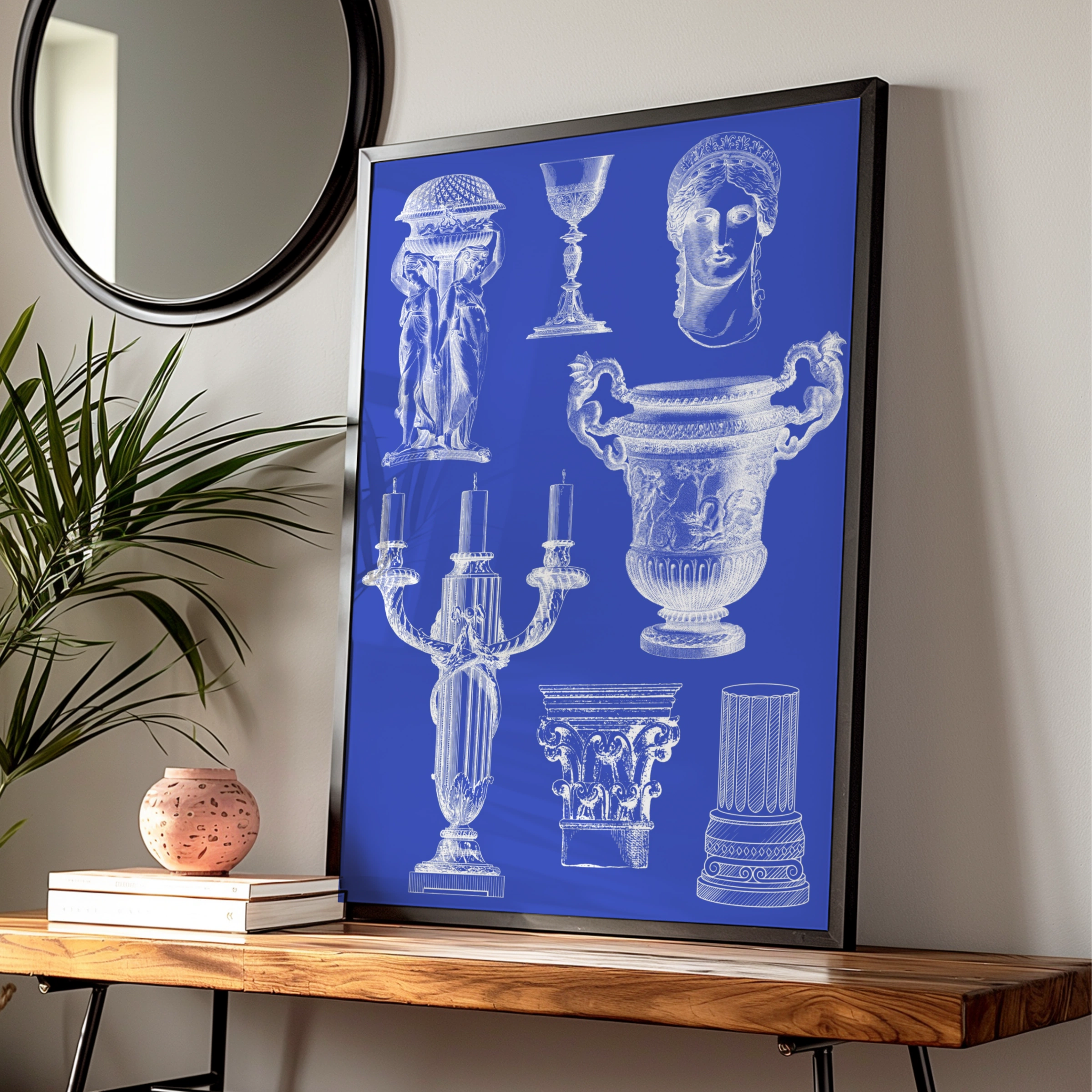 Roman Vase Blueprint Poster, Classical Antiquity Wall Art, Blue