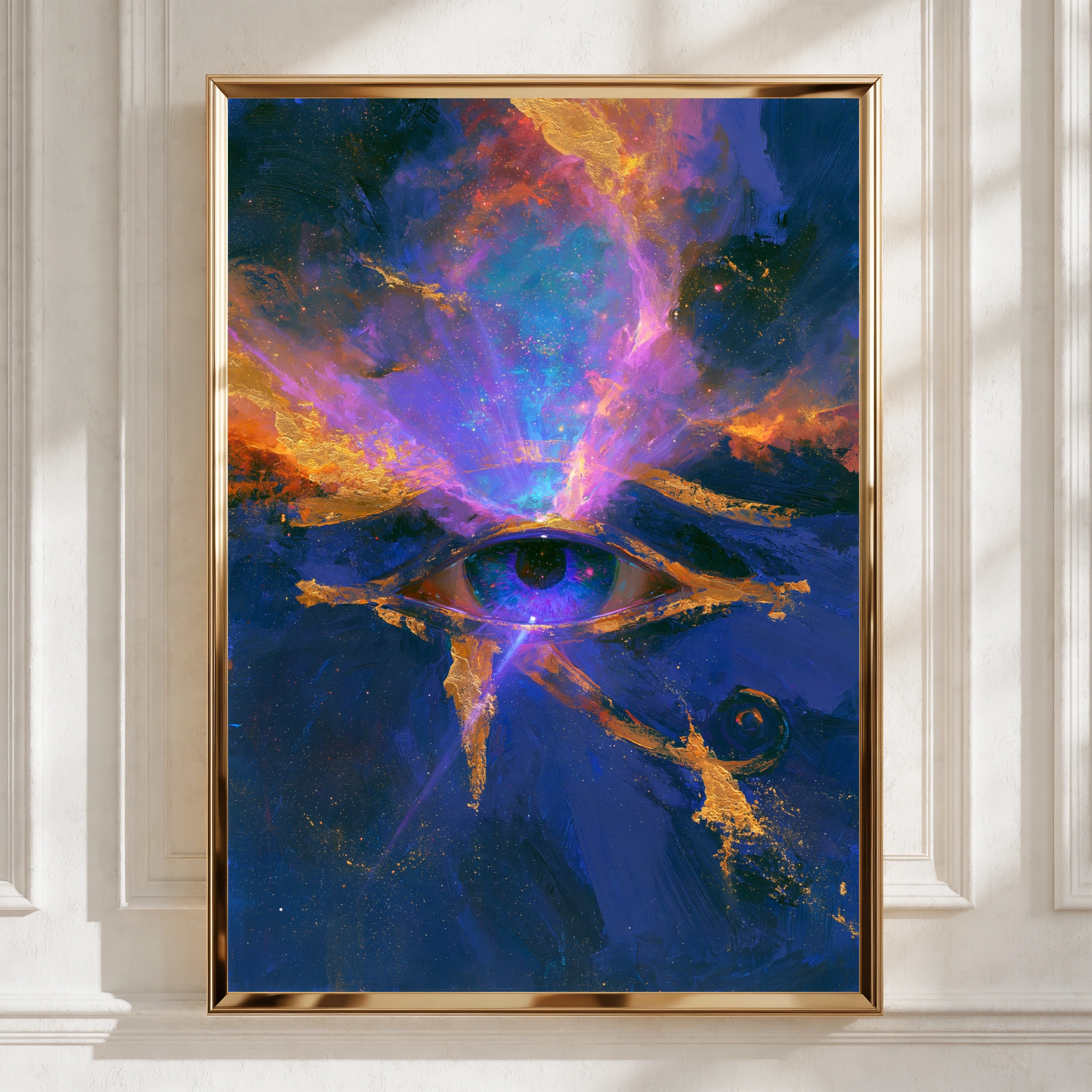 Eye of Horus Cosmic Poster, Egyptian Galaxy Wall Art, Mystic Gold Blue Print
