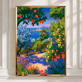 Mediterranean Garden Path Poster, Orange Lemon Trees, Coastal Wall Art Print