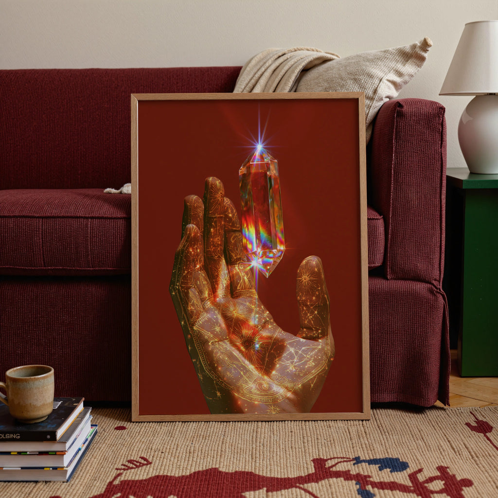 Crystal Prism Hand Poster, Mystical Celestial Art Print, Bohemian Wall Decor