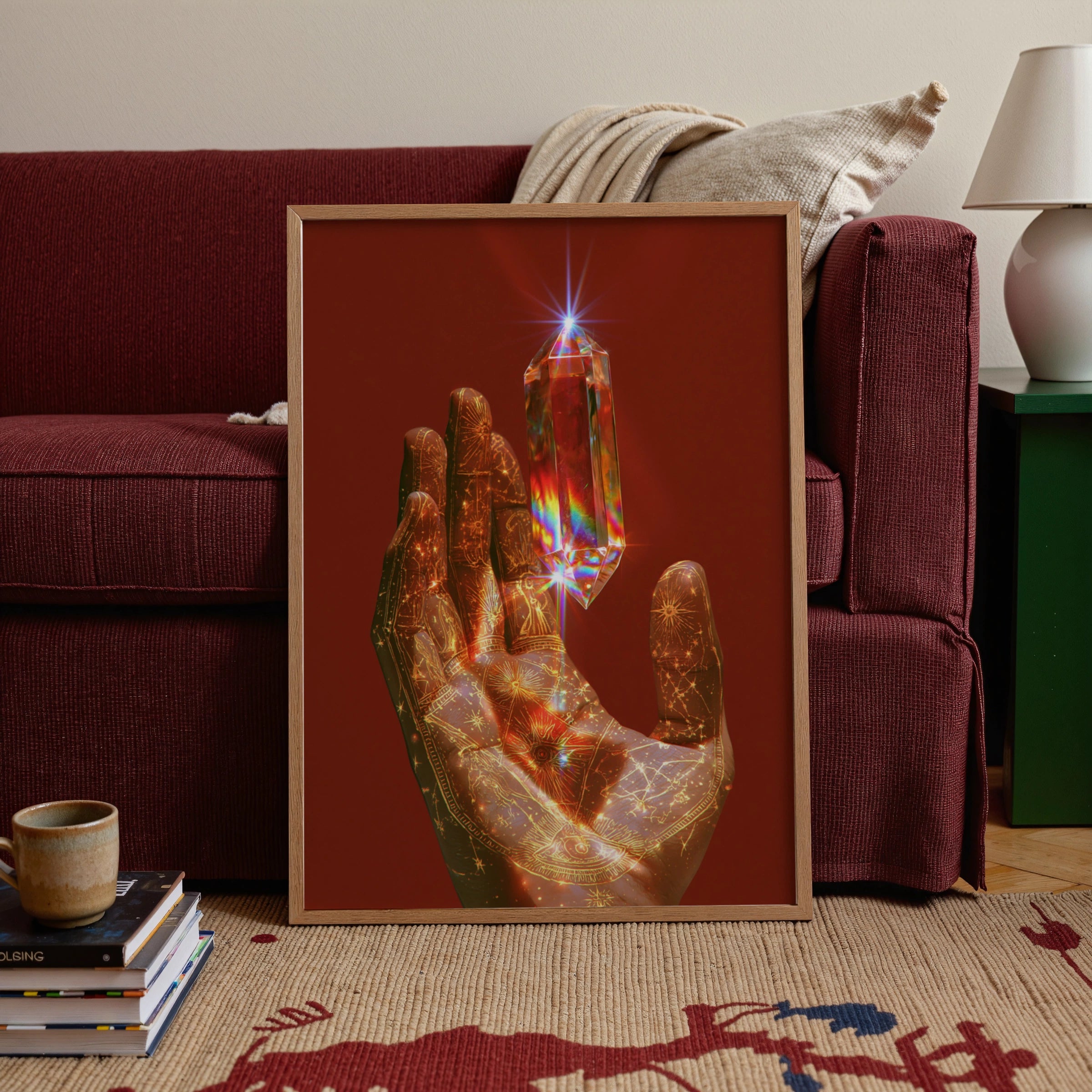 Crystal Prism Hand Poster, Mystical Celestial Art Print, Bohemian Wall Decor