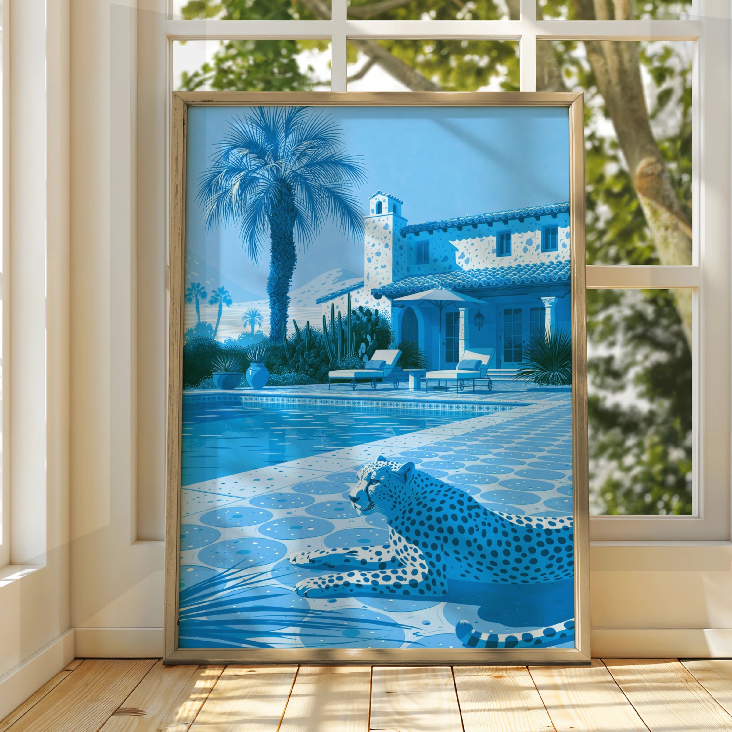 Cheetah by Pool Poster, Blue Monochrome Villa Print, Luxury Wildlife Art