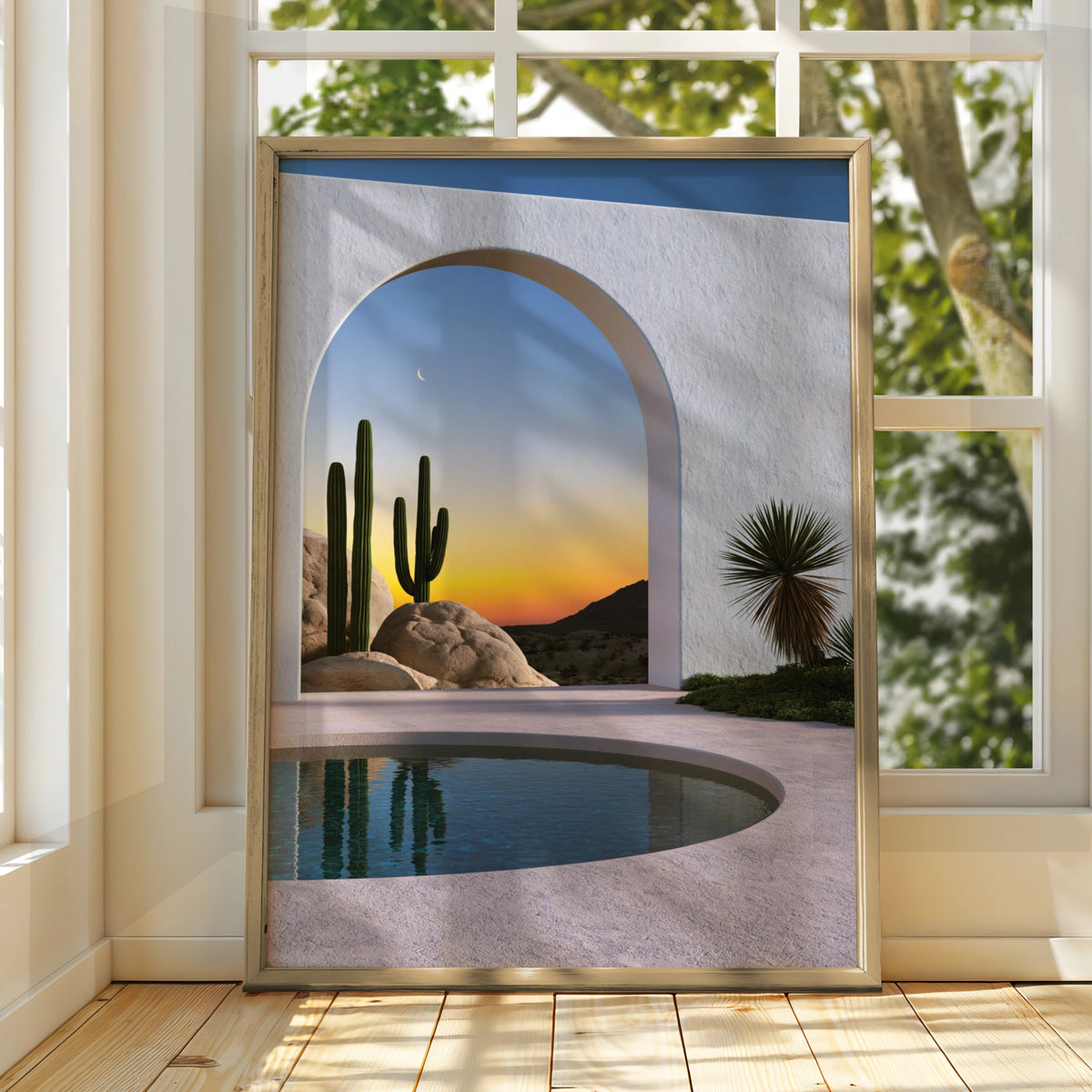 Desert Cactus Arch Pool Sunset Poster, Minimalist Architecture Wall Art Print