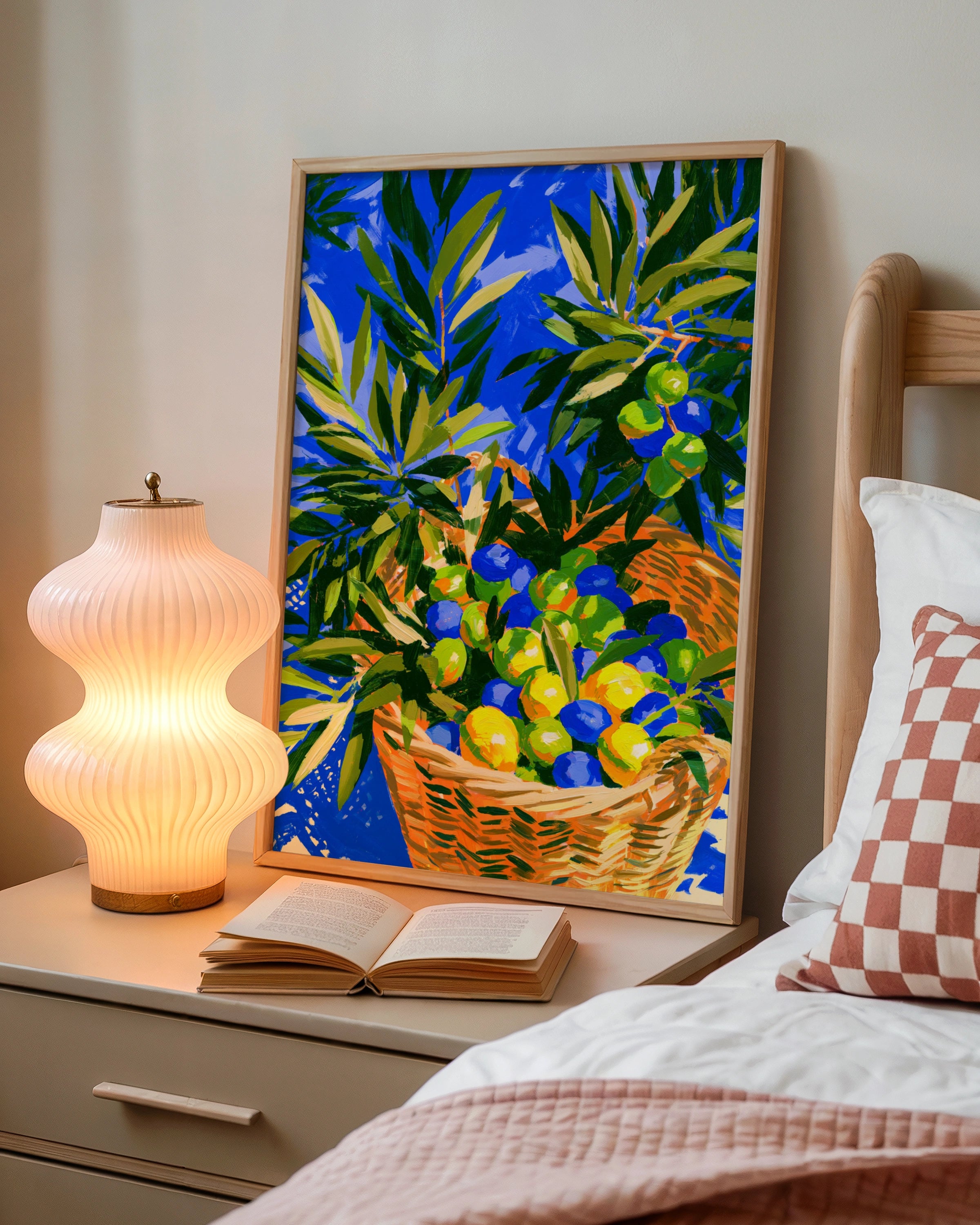 Olive Branch Basket Poster, Bold Blue Mediterranean Wall Art Print