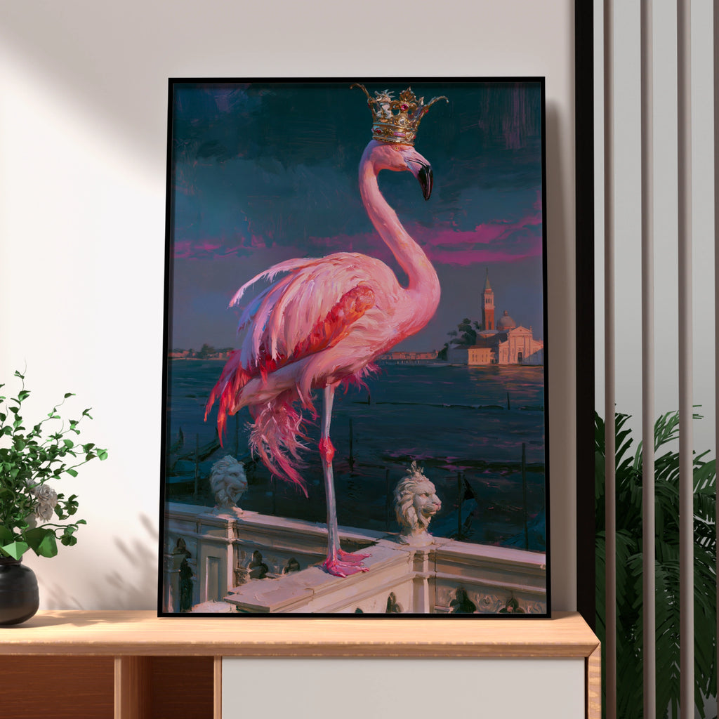 Royal Flamingo Venice Poster, Pink Bird Crown Wall Art, Oil Painting Style Print