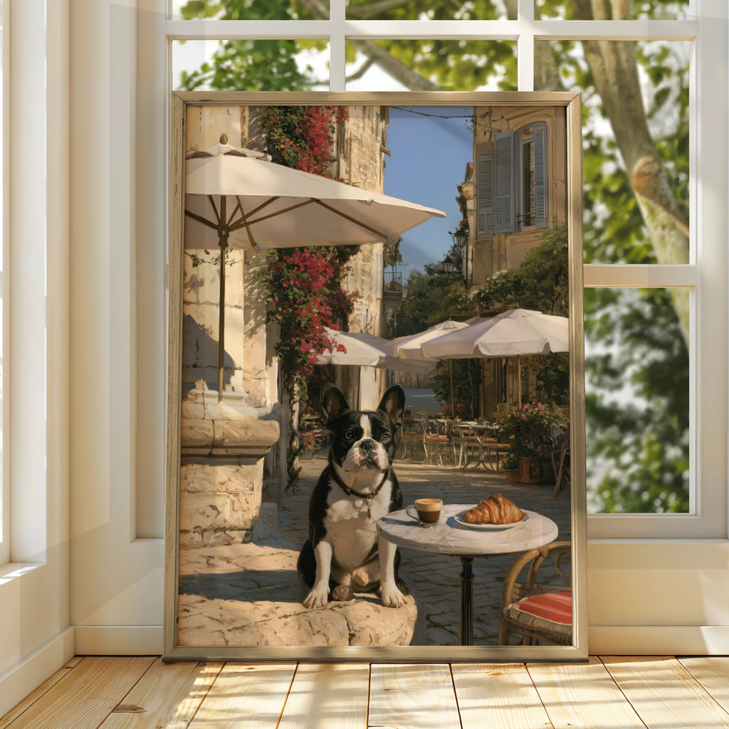 French Bulldog Cafe Poster, Paris Street Scene, Croissant Wall Art Print