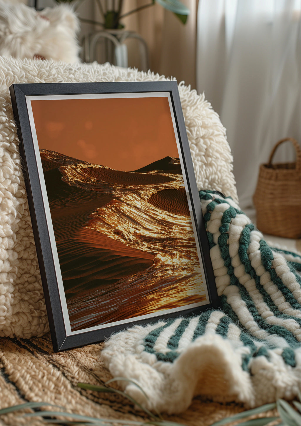 Sand Dunes Golden Water Surreal Desert Wave Poster, Abstract Art Print