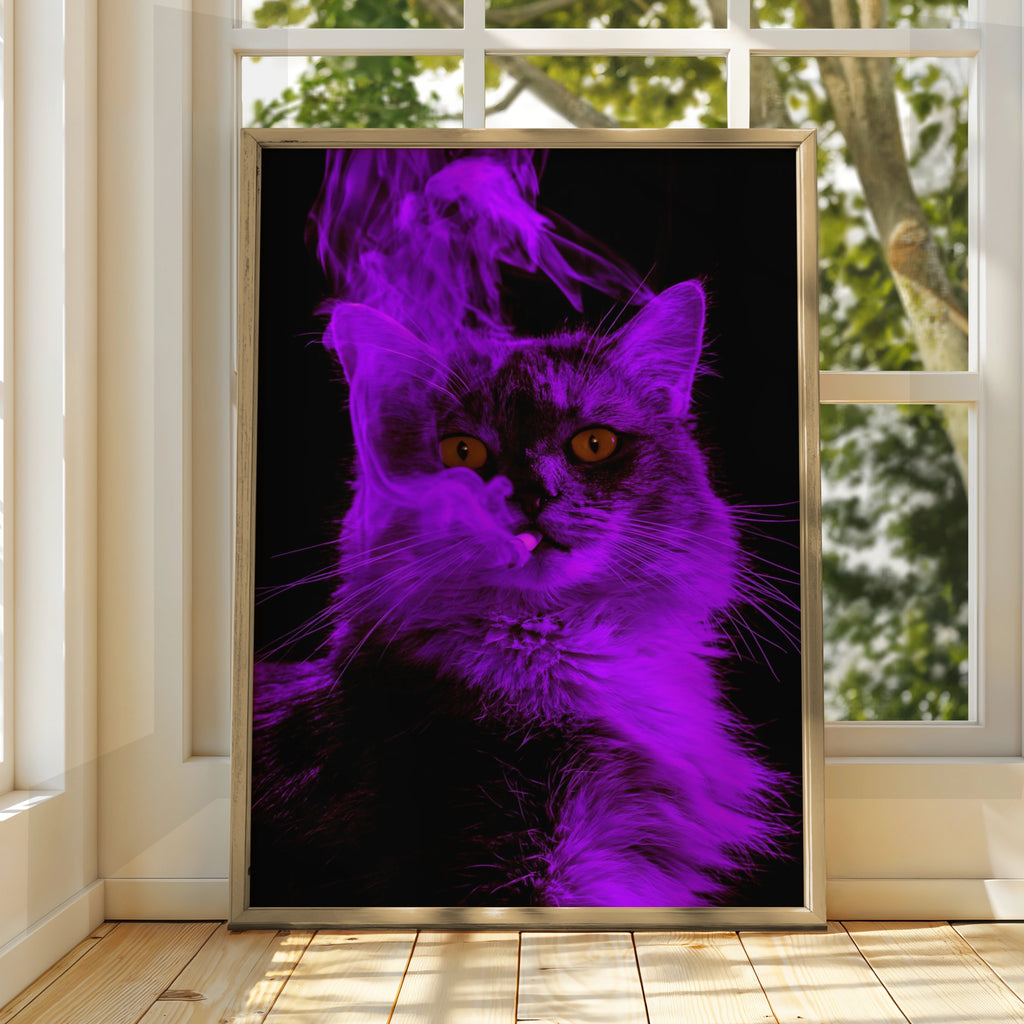 Purple Smoking Cat Poster, Neon Feline Wall Art, Dark Moody Print