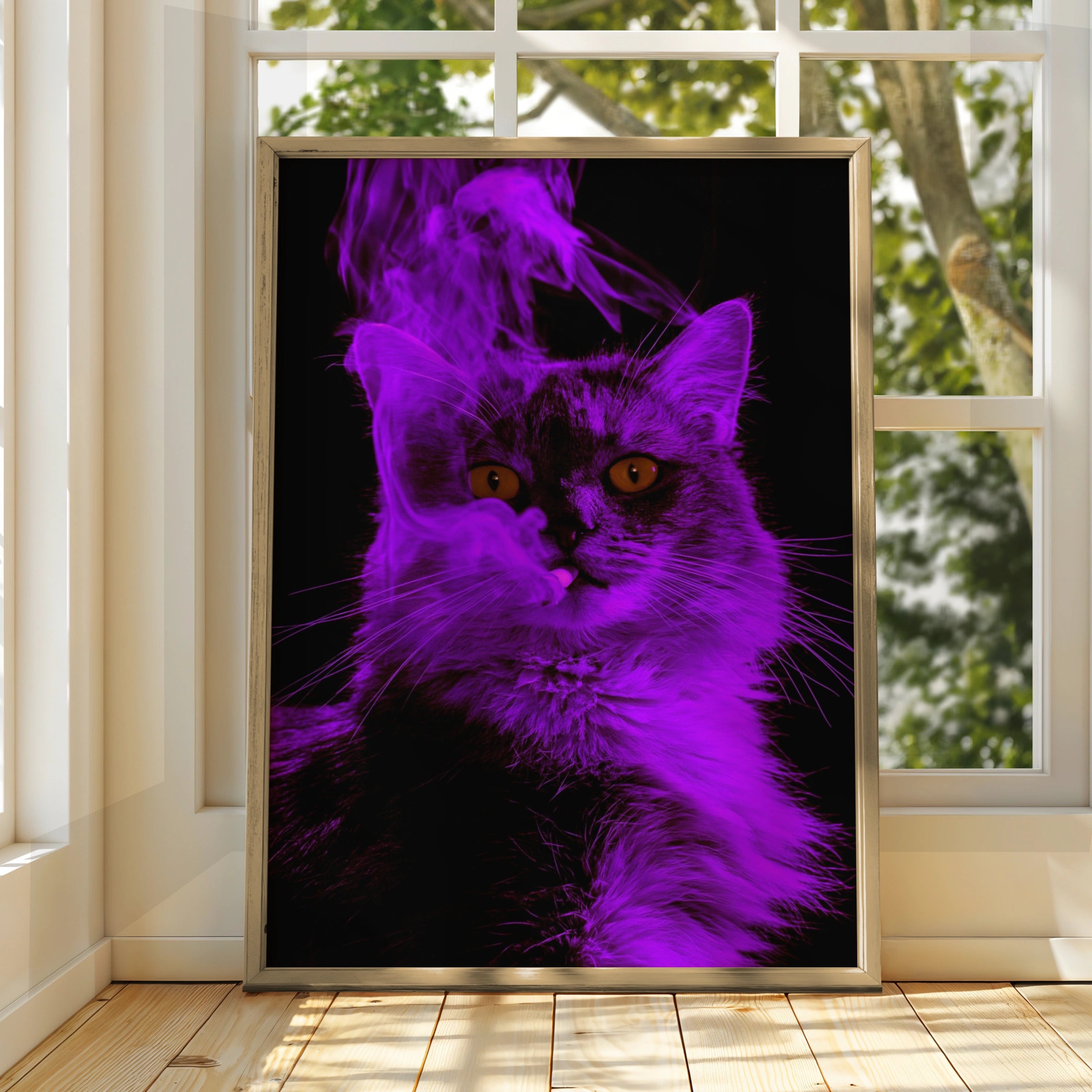 Purple Smoking Cat Poster, Neon Feline Wall Art, Dark Moody Print