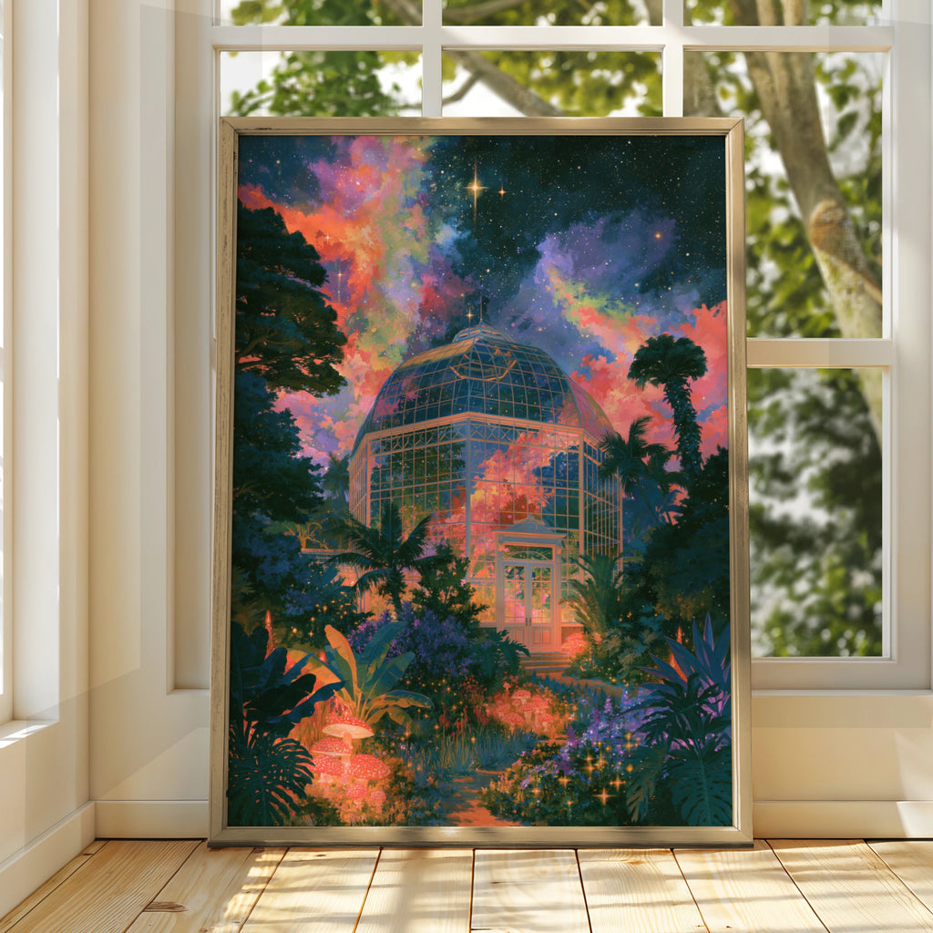 Surreal Glass Observatory Poster, Cosmic Night Sky, Botanical Art Print