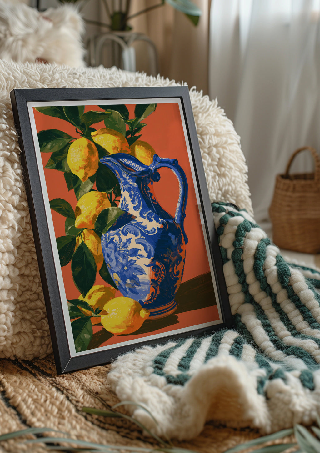 Porcelain Jug Lemons Wall Art Poster, Mediterranean Still Life Print, Orange