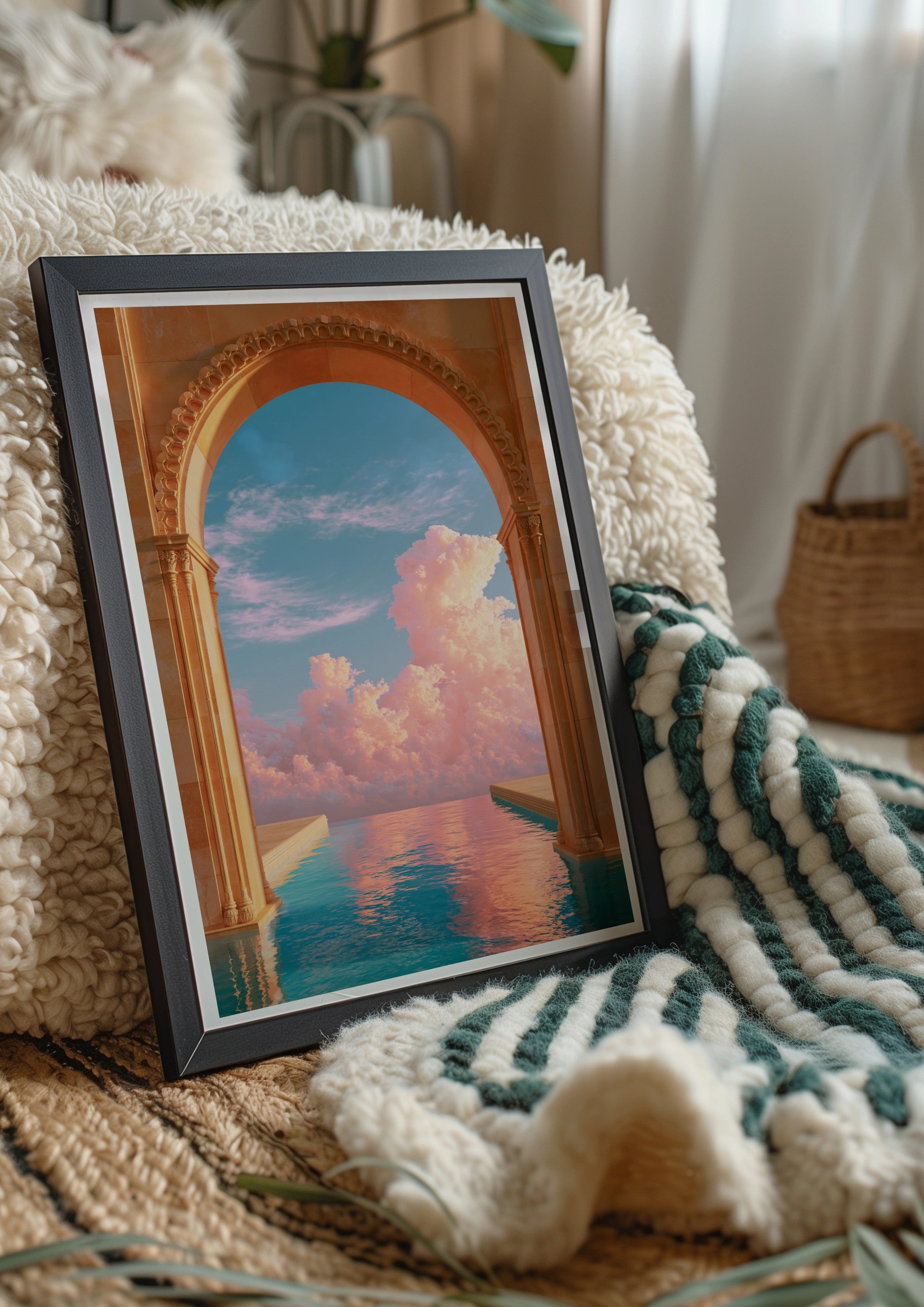Arch Pool Dreamy Sky Poster, Surreal Architecture Print, Pastel Cloud Wall Art