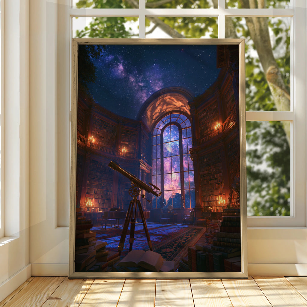 Cosmic Observatory Library Poster, Telescope Night Sky, Fantasy Astronomy Wall Art