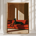 Greyhound on Red Sofa Poster, Black Hound Dog Wall Art, Warm Minimalist Print