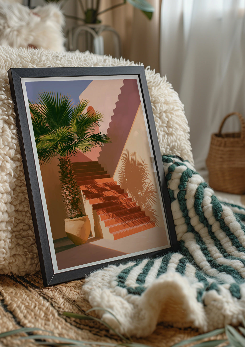 Palm Tree Staircase Poster, Mediterranean Architecture Print, Terracotta Sun Shadow Art