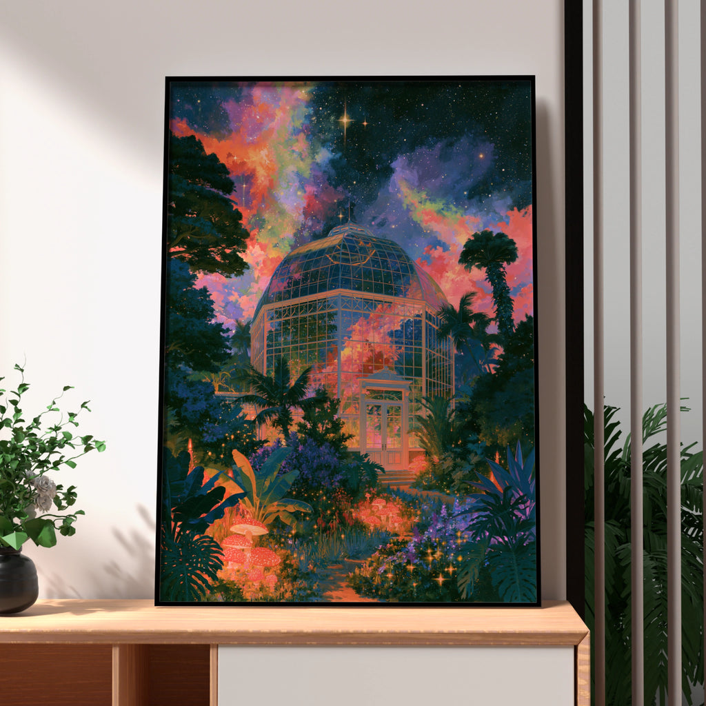 Surreal Glass Observatory Poster, Cosmic Night Sky, Botanical Art Print